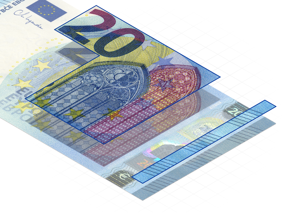 Detail plastických designových prvků bankovky 20 €: hodnotové číslo, hlavní motiv zobrazující rozdílné architektonické slohy a značky rozeznatelné dotykem.